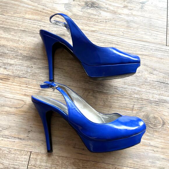 Guess Y2K Heels 8 M Open Toe Patent Leather Blue Charm Vintage 2000s Glam Bright - Picture 1 of 9
